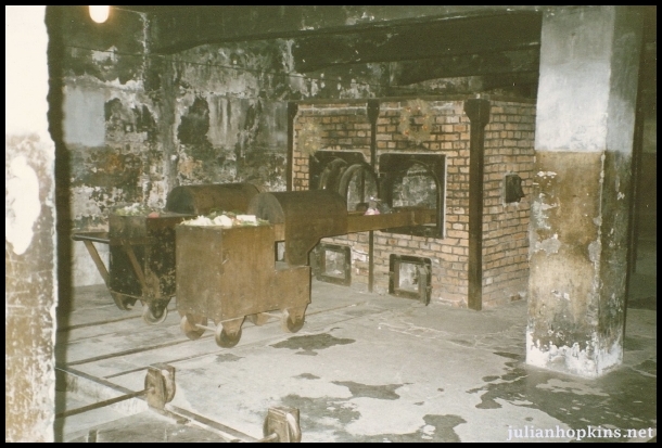 crematorium at Auschwitz I It shows the trolleys used for putting bodies 